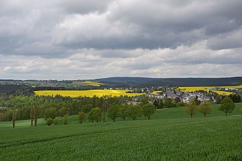 Řepková pole u Markneukirchenu. Připadáme si jako doma. (IČ)